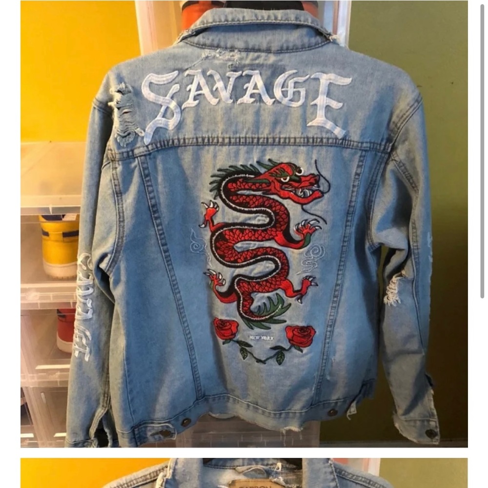 Designer Savage Distressed Denim Jacket - Picture 4 of 4
